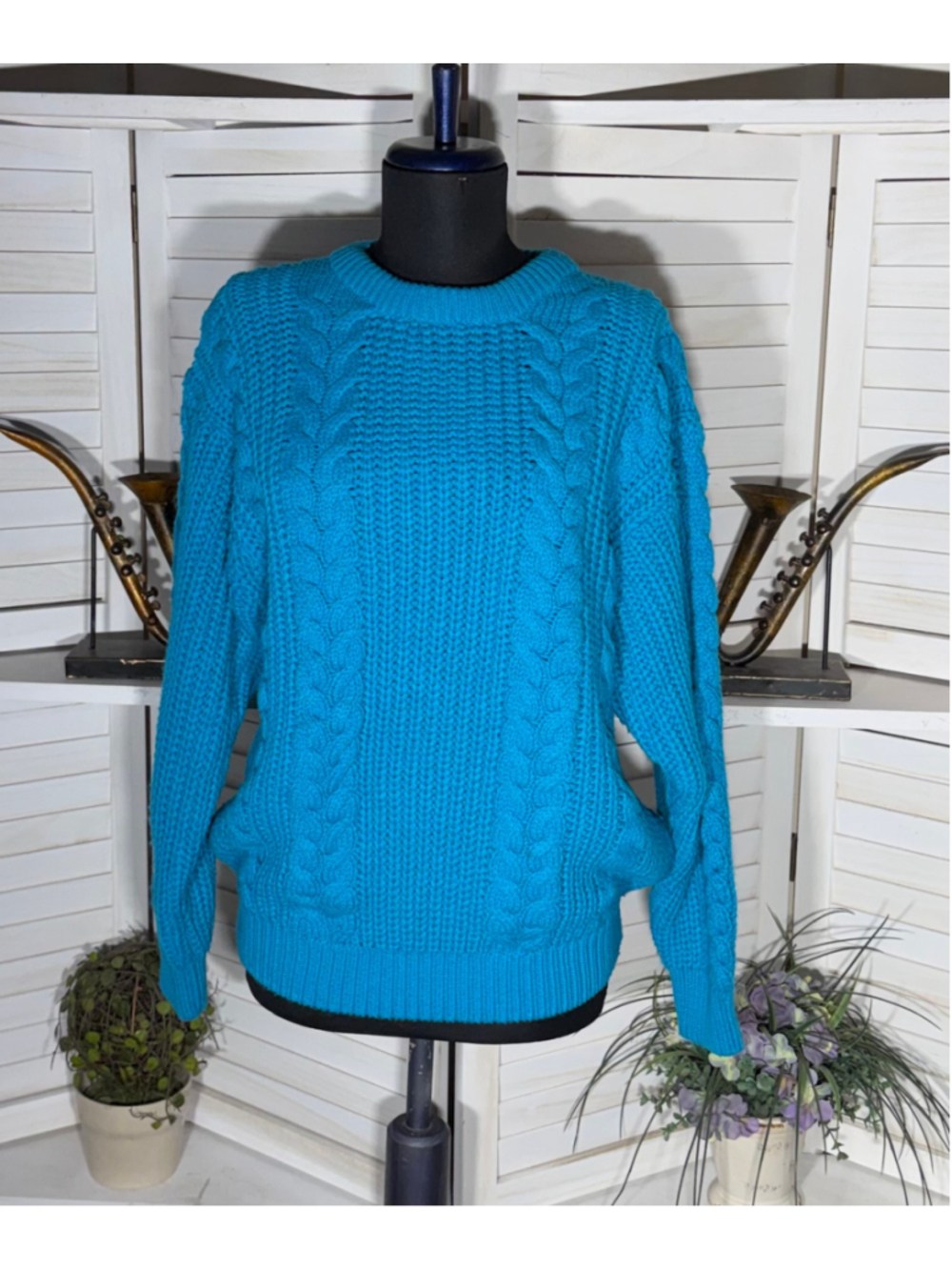 Vintage 90s teal blue sweater chunky cable knit oversized boho grunge skiing L